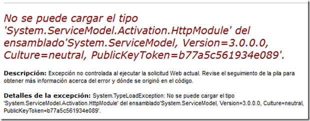 No se puede cargar el tipo System.ServiceModel.Activation.HttpModule